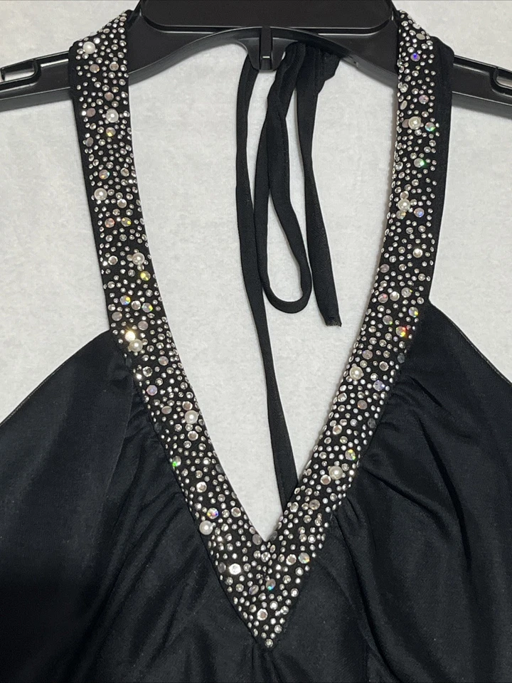 Vestido formal vintage Blondie Nites glitter malha halter 3 bainha preta comprimento total - Imagem 4 de 4