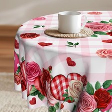 Floral Tablecloth Round Valentines Day Rose Love Heart Table Cloth Washable T...
