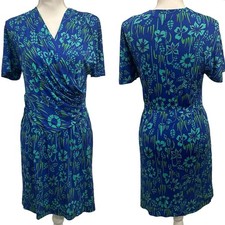 VTG 70s Bessi Firenze Blue Green Floral Silk Faux Wrap Surplice Dress Mod Small