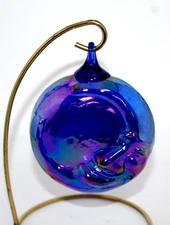Glass Eye Studios Purple Iridescent Handmade Man In The Moon Ornament Vintage