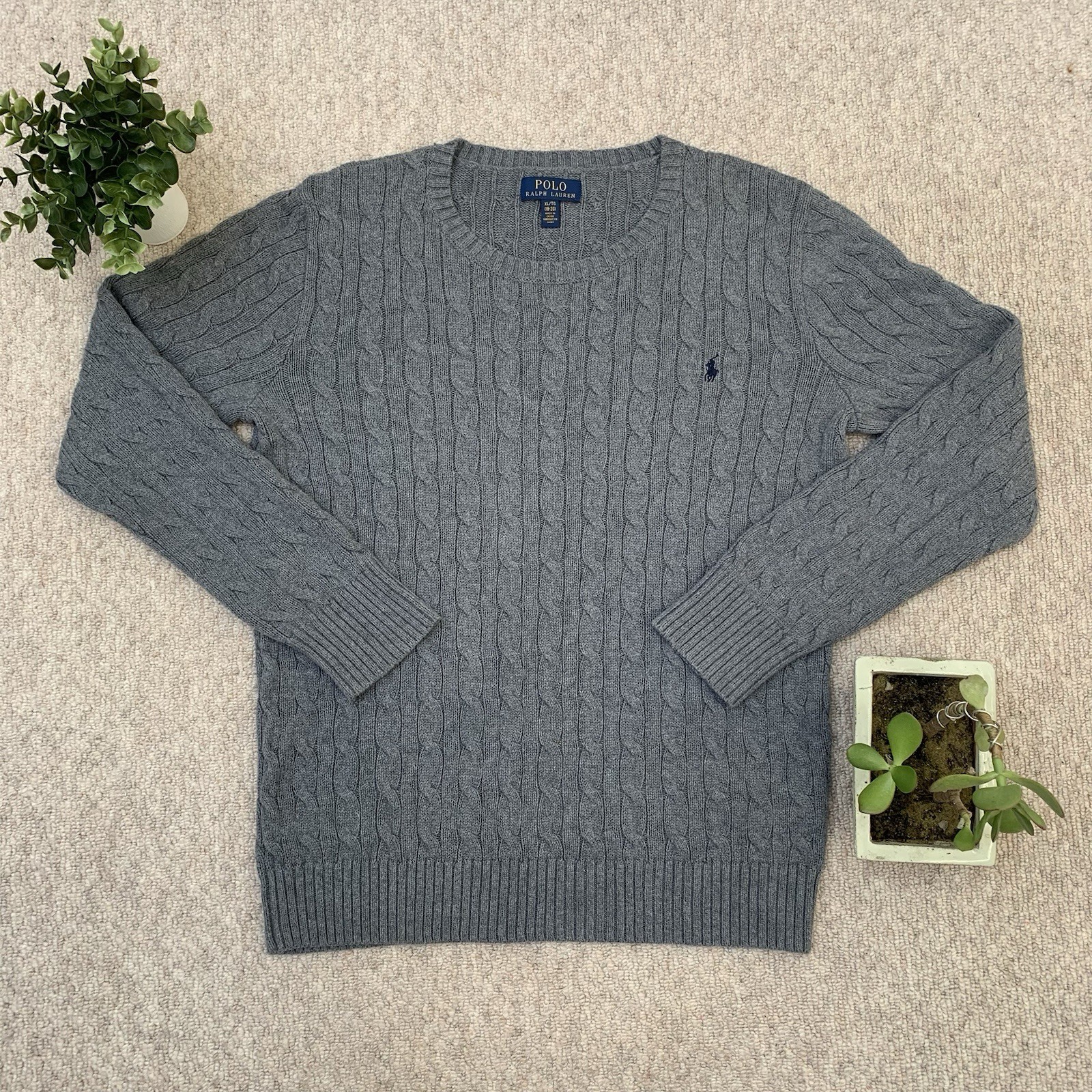 Polo Ralph Lauren Uomo Grigio Scuro Grosso Maglia Cavo Felpa con Pony Navy