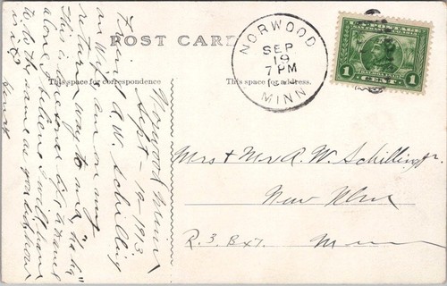 Vintage 1913 NORWOOD, Minnesota Postcard "HOME OF JUDGE J.W. MORRISON" House - Picture 2 of 2