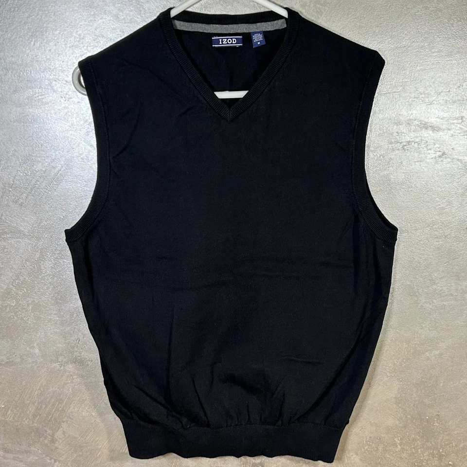 IZOD Chaleco Suéter Para Hombre Mediano Negro Cuello en V Tejido Apretado Pullover Informal Foto 2 de 4