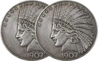 2PCS 1907 Antique Liberty Indian Head $10 Dollar Coin, Uncirculated Morgan Silve