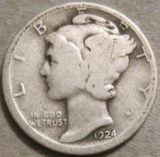 FULL DATE AS SHOWN - 1924 D MERCURY DIME *** 90% SILVER *** 804
