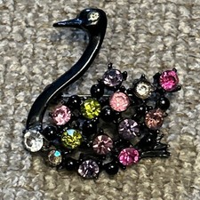 VTG Black Metal Swan Brooch Colorful Faceted Rhinestones 2  