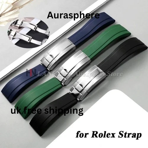 Aftermarket 20mm Black Soft Rubber Watch Strap Band For Rolex OYSTERFLEX