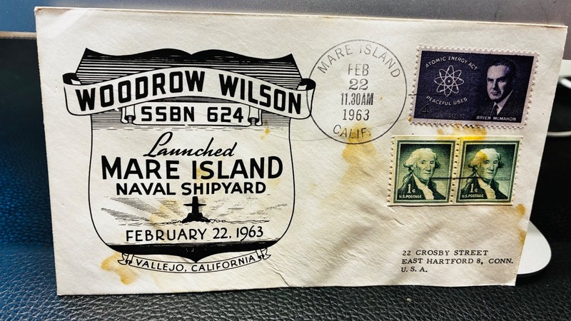 1963 ship cachet for submarine USS Woodrow Wilson, SSBN 624, posted Mare Island