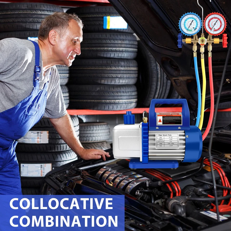 Bomba de vacío de aire 4CFM 1/3HP HVAC/auto AC refrigerante carga colector conjunto Foto 4 de 4