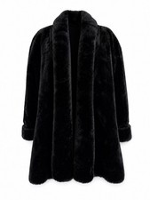 Vintage Black Monterey Mink Look Plush Faux Fur Shawl Collar Swing Coat Jacket
