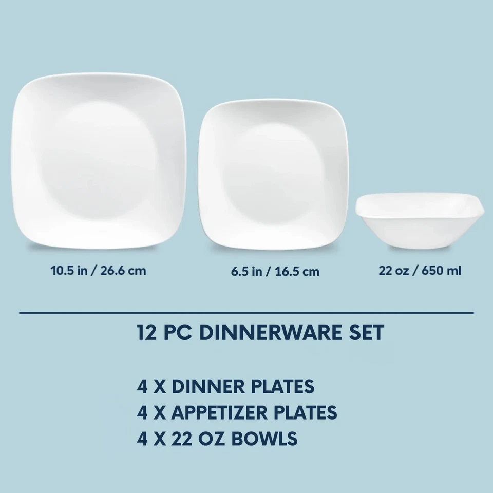 Corelle 12 piece Pure White Square Dinnerware Set Service for 4 - Image 3 of 4