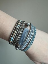 Leather Boho Wrap Bracelet Blue Jasper Healing Stone Silver Stunning EUC 36  C2