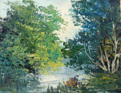 AUSTRALIAN OIL PAINTING  RIVER BUSH SCENE    P409