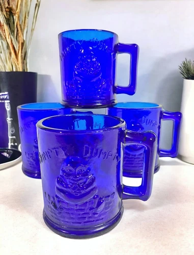 Cobalt Blue Glass HUMPTY DUMPTY & Tom, Tom the Piper's Son 8 Oz Mugs - Set of 4