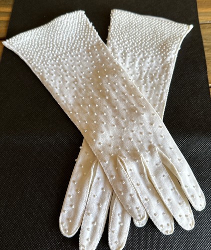 British Crown Colonies Beaded White Wedding Double Woven Cotton Ladies Gloves - Picture 10 of 13