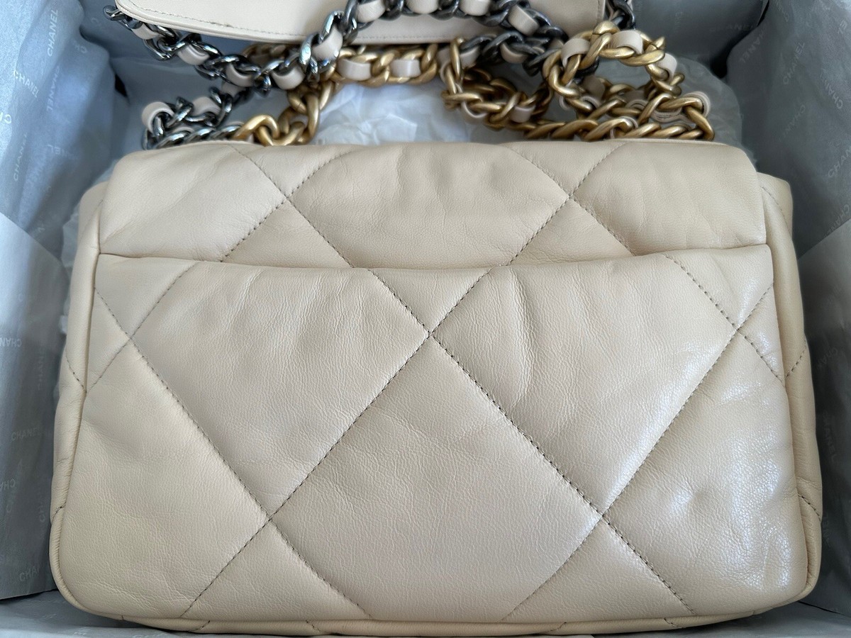 Excellent Used CHANEL 19 Small Flap Bag in Beige Goatskin