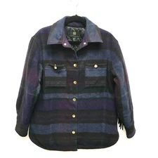 House Of Harlow 1960 Blue Purple Plaid Shacket Fringe Trim Snap Front Jacket S