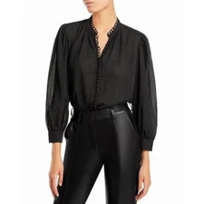 Sundays $172 Cora Semi-Sheer Picot Trim Black Cotton Button-Up Blouse Size M NWT