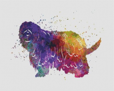 Bergamasco Schäferhund Welpe Hund Aquarell. Großer, moderner, originaler Kreuzstich.