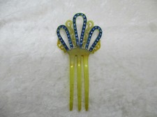 Vintage Celluloid 3-Prong Carved Victorian Blue Rhinestone Hair Comb