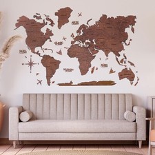 Wood World Map Wall Art Large Wall Decor - 2D World Travel Map (M L XL) UK only