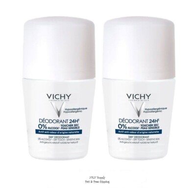 Vichy 24 Hour Dry-Touch Roll-On Deodorant, Safe for Sensitive Skin (2 x 50ml)