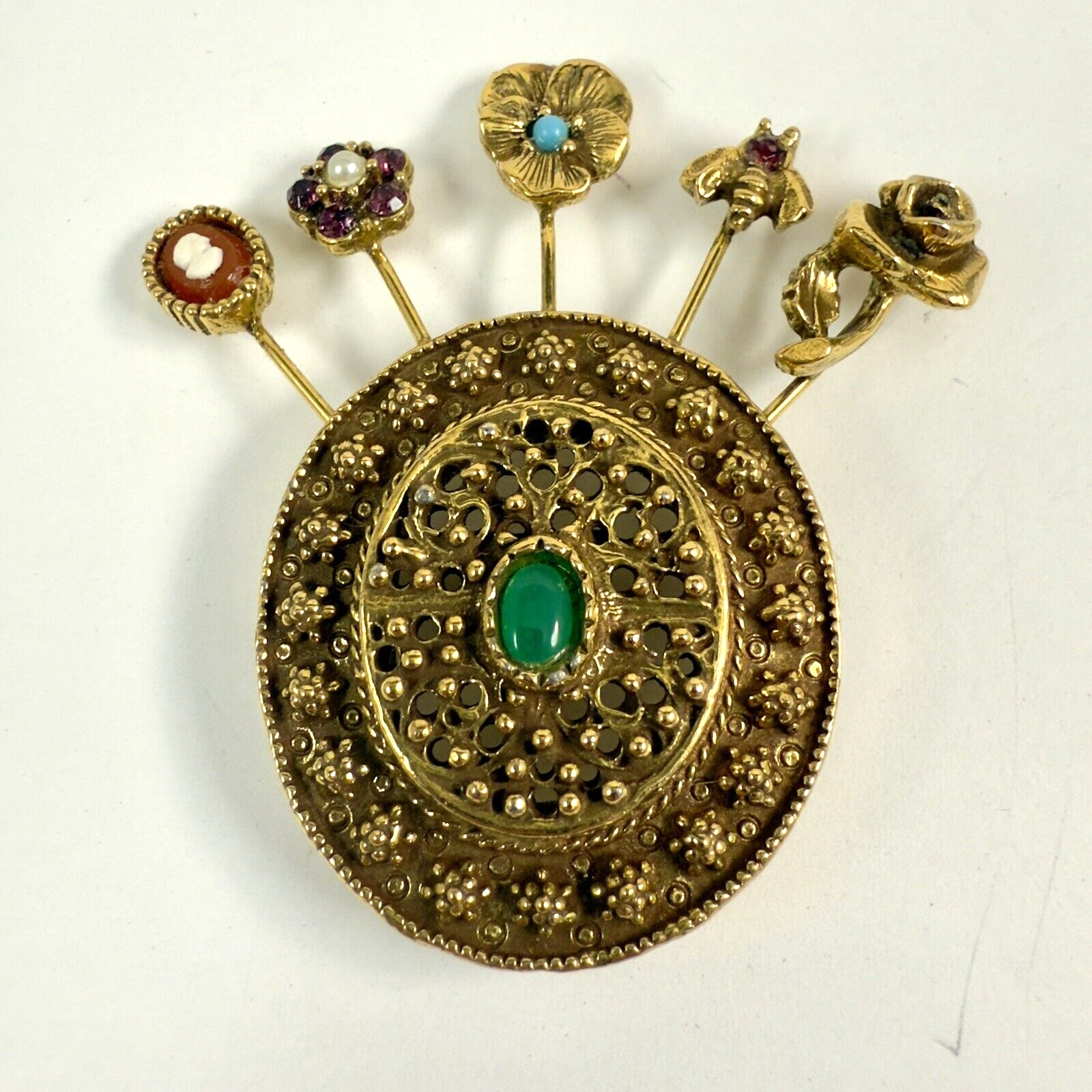 Vintage GOLDETTE Unsigned Stick Pin Brooch with Faux Gemstone Cameo Flower Bee Rose Design