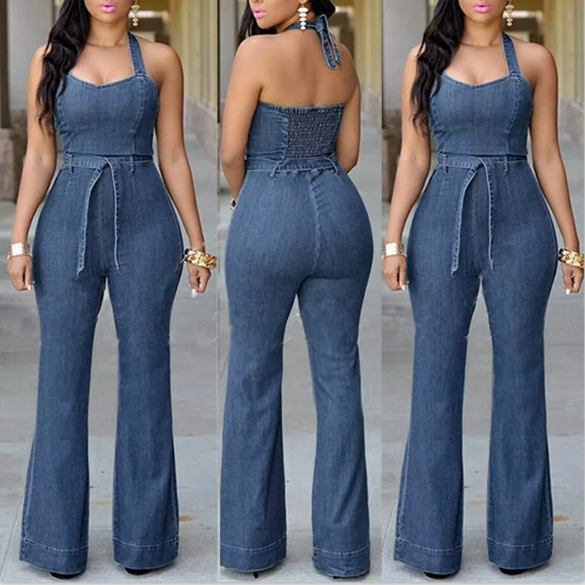 Women's Blue Denim Long Wide Leg Jumpsuit Romper Casual Jeans Playsuit  Overalls