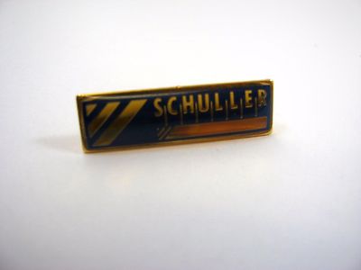 Vintage Schuller Advertising Lapel Pin Gold Tone Blue Enamel Rectangular Logo