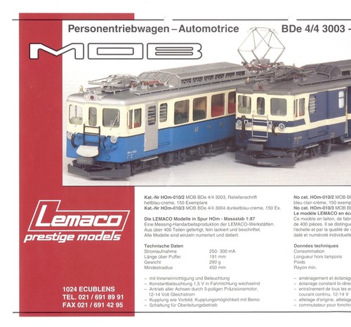 catalogo LEMACO Prestige Models 1994 Infoblatt MOB BDe 4/4 3003          D F  aa | Zustand: Usato