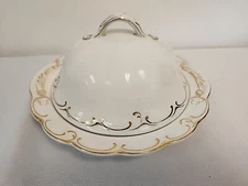 ANTIQUE Johnson Bros England White Gold Scalloped  Butter Cheese Dish Dome Lid