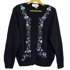 Vintage Silk Angora Rabbit Cardigan Sweater Size S Black Floral Beaded Sequins