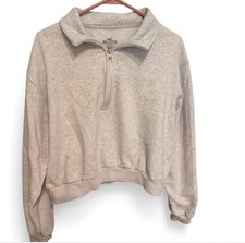Hollister Women s Gray 1/4 Zip Fleece Cropped Pullover Sweatshirt Size L