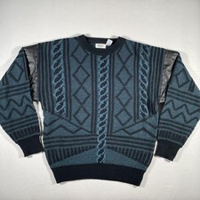 Vintage 80s Knit Sweater Mens XL Blue Leather Trim Geometric Biggie Hiphop 80s