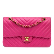 Authenticated Chanel Medium Classic Chevron Lambskin Double Flap Blush Leather