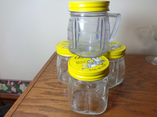 4 Vintage OSTERIZER MINI-BLEND Container 8 oz Blend & Store Jars 1 Plastic