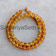 Yellow Citrine 8mm Round Beaded Necklace, Natural Gemstone, Sterling Silver Clas