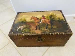 Vintage X-Large Wood W/ Brass Hand Painted Trunk W/Horseman+Hunting Dog 23"x15"