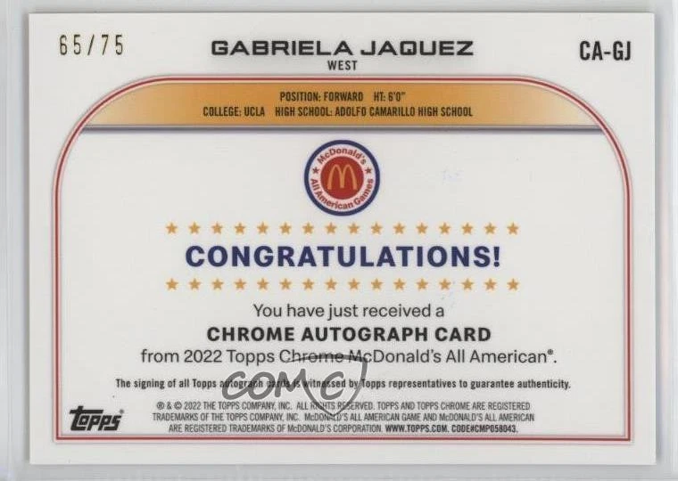 2022 Chrome McDonald's All American Yellow Refractor /75 Gabriela Jaquez Auto - Image 2 of 2