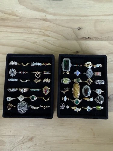 Vintage-Modern Jewelry Ring Lot 48 Pieces Some Signed Avon, Gold Plated Gemstone