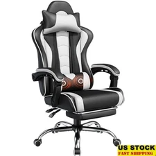 Ergonomic Gaming Chair Adjustable Recline Massage Pillow Footrest Comfort New