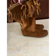 Minnetonka Moccasin Brown Suede Fringe Calf High Boots Womens Brown 7