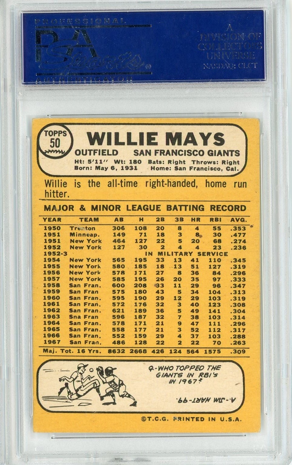 Graded 1968 Topps Willie Mays #50 Baseball Card PSA 5 Excellent view 2