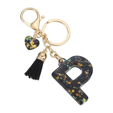 Initial Letter Keychain Cute Letter-P Bling Love Tassel Floral Charm Black