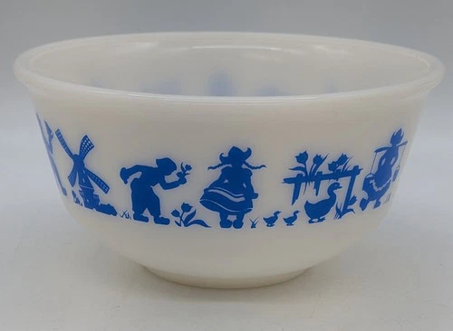 Vtg Hazel Atlas Dutch Boy Girl Windmill Blue White Milk Glass 9" Mixing Bowl