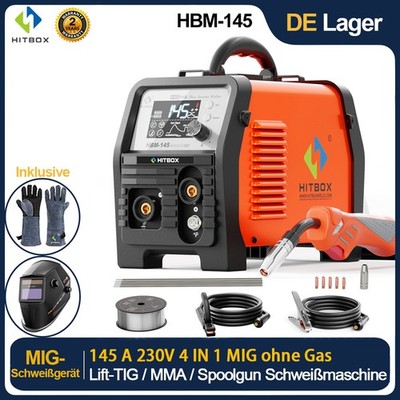 HITBOX 4in1 Schweißgerät 145A 240V MIG ohne Gas MMA Lift-TIG Spoolgun kompatibel