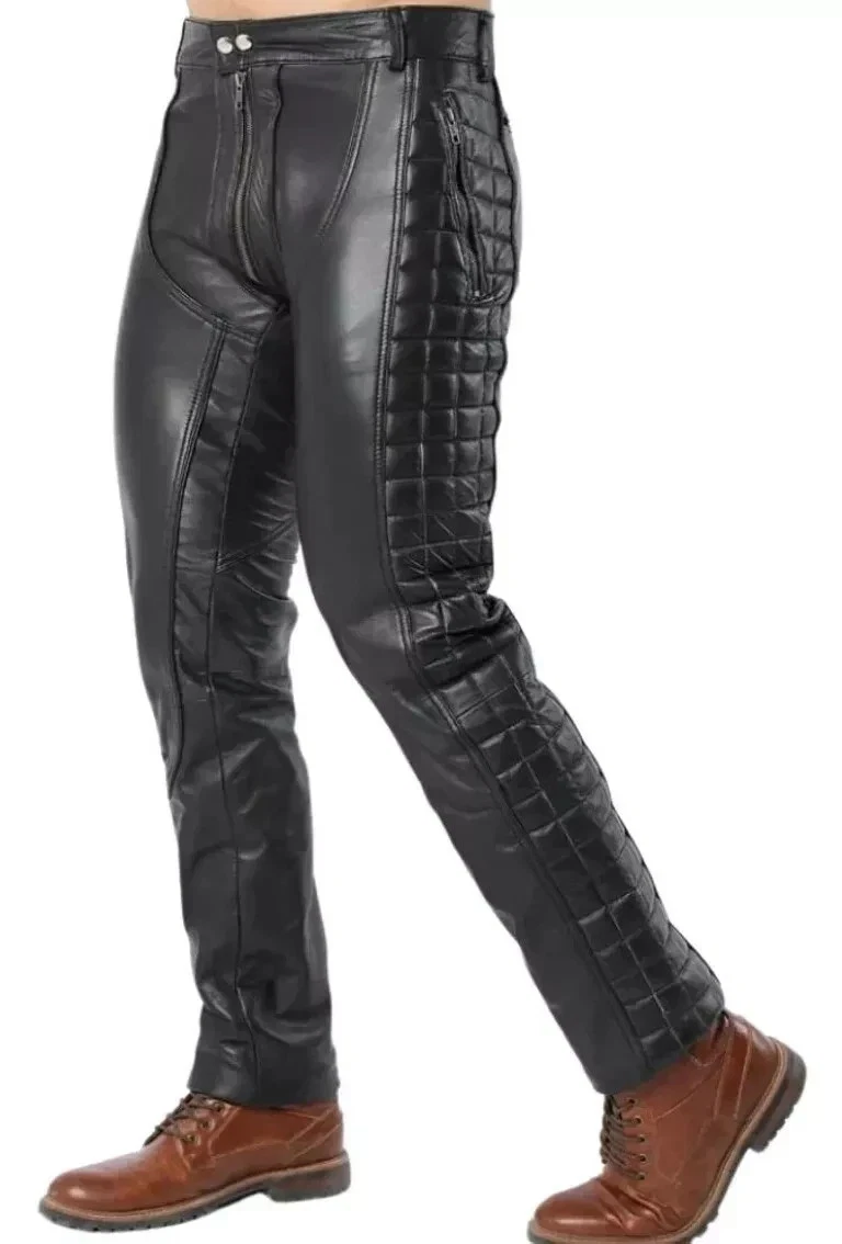 Men's Real Lambskin Soft Leather Quilted Panels Black Pant Back Zip Fly