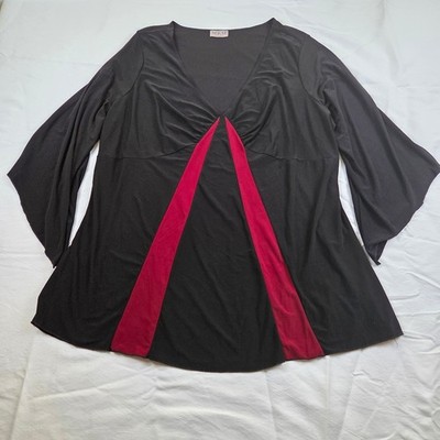 MKM Designs Top Black Red V-Neck Bell Sleeve Colorblock Stretchy Blouse