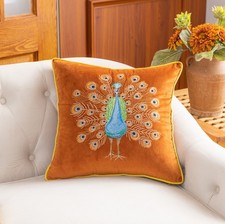 Luxurious Embroidered Peacock Orange Cushion Cover Living Garden Room
