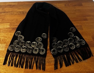Women s Black Scarf Wrap Fringe With Brown Poms Art To Wear Lagenlook Warm Cozy